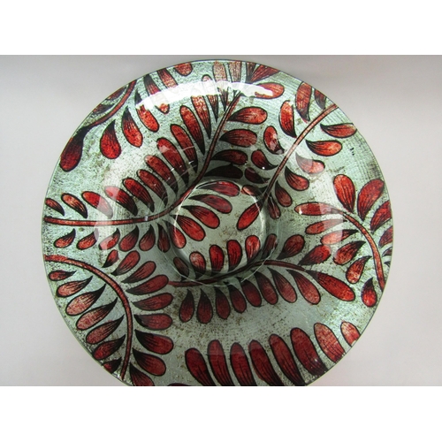 1051 - A vintage style art glass table centrepiece bowl with red foliate design on a silvered ground, 43cm ... 