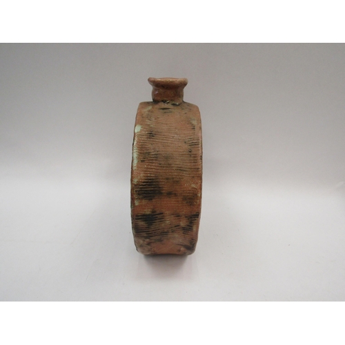 1271 - A Studio Pottery vase of moon flask style form, green glazed roundels, 23.5cm tall