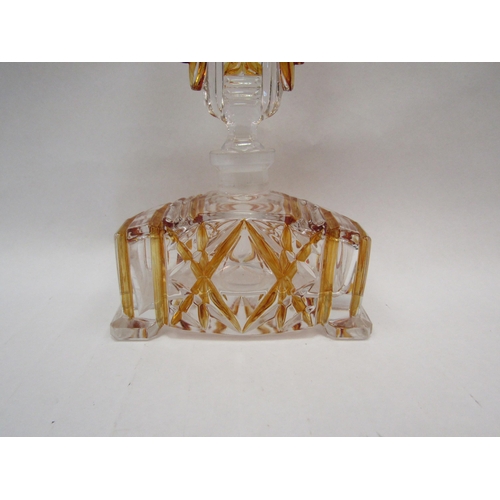 1291 - An Art Deco amber and clear glass dressing table scent bottle, oversized stopper, 20.5cm tall