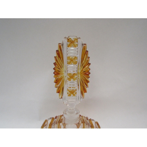 1291 - An Art Deco amber and clear glass dressing table scent bottle, oversized stopper, 20.5cm tall