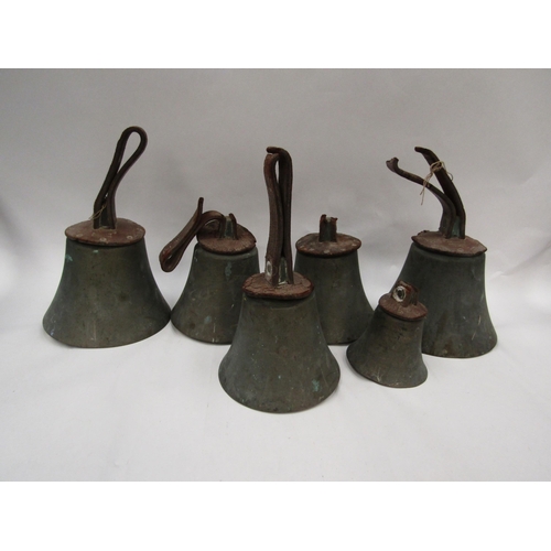 1362 - A part set of six graduated hand bells, stamped R J Ward & Sons, Liverpool, some damage, for restora... 