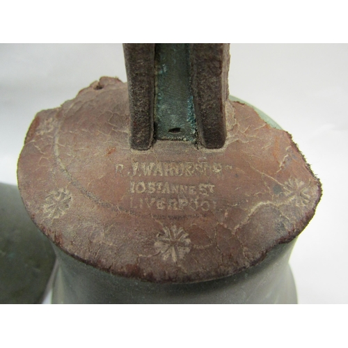 1362 - A part set of six graduated hand bells, stamped R J Ward & Sons, Liverpool, some damage, for restora... 