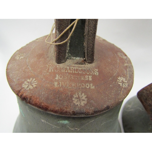 1362 - A part set of six graduated hand bells, stamped R J Ward & Sons, Liverpool, some damage, for restora... 