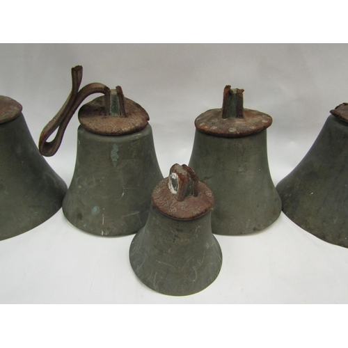 1362 - A part set of six graduated hand bells, stamped R J Ward & Sons, Liverpool, some damage, for restora... 