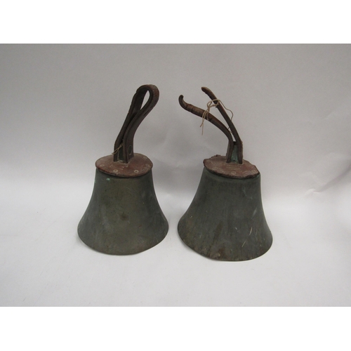 1362 - A part set of six graduated hand bells, stamped R J Ward & Sons, Liverpool, some damage, for restora... 