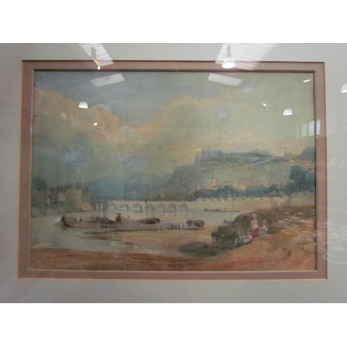 4099 - An early 19th Century Continental watercolour of river valley, bridge and settlement, figures beside... 