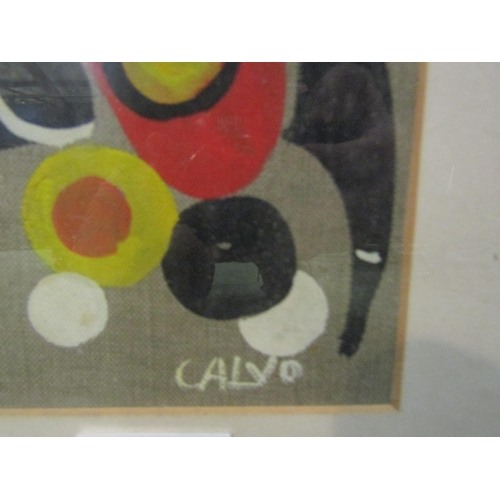 4020 - An oil on light brown ground, red, black, yellow and white shapes, 1960's by Calvo, framed and glaze... 