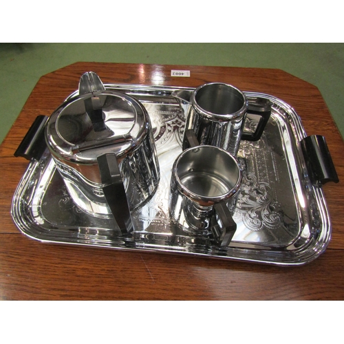 4057 - Two near complete plated chrome Swan Brand tea wares with trays, ebonised knops and handles         ... 