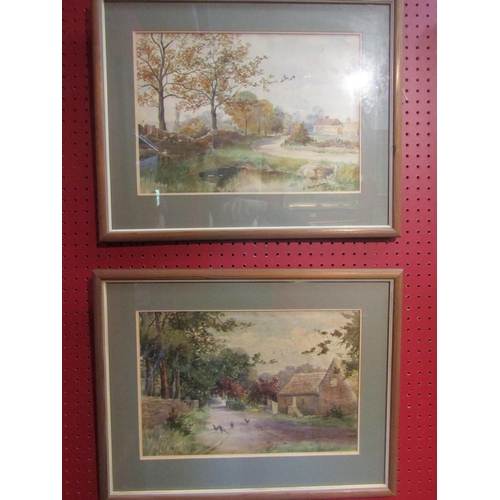 4069 - EDITH MASSINGHAM: Two watercolours depicting cottage with chicken on a country path and dwellings wi... 