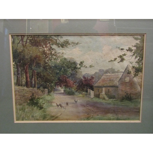 4069 - EDITH MASSINGHAM: Two watercolours depicting cottage with chicken on a country path and dwellings wi... 