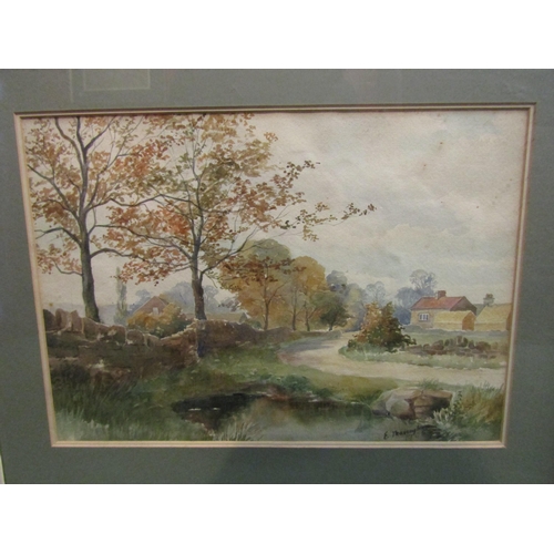 4069 - EDITH MASSINGHAM: Two watercolours depicting cottage with chicken on a country path and dwellings wi... 