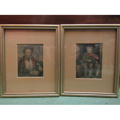 4076 - Two 19th Century framed prints of gents with bagpipes and violin, approximately 10cm x 8cm image siz... 