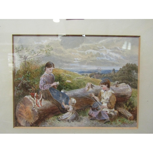 4092 - After Birket Foster, a watercolour depicting children on log winding wool, framed and glazed, 20cm x... 