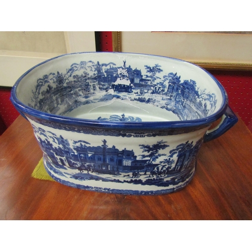 4093 - A Victorian blue and white transfer print foot bath, 20cm high x 47cm long