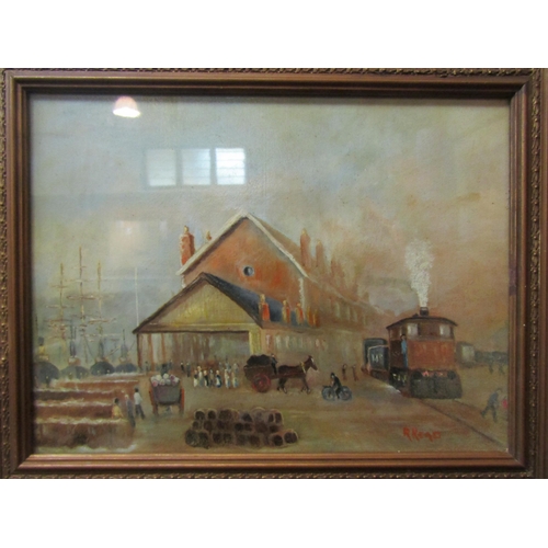 4095 - R. READ: An oil on board of a harbour warehouse with horse and cart, bike, train and ships, framed a... 