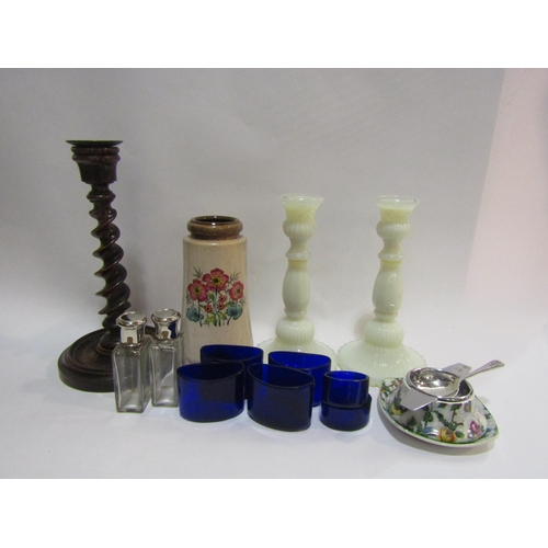 4226 - A box containing assorted items to include an oak barley twist candlestick, glass scent bottles with... 