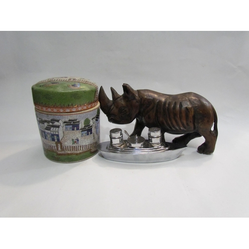 4304 - A wooden rhino, a boat shaped cruet set and an Oriental lidded pot (16cm high)