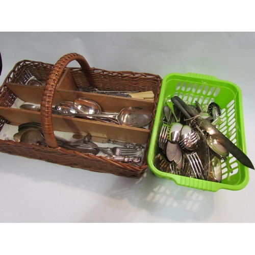 4339 - A wicker tray and box of mixed cutlery