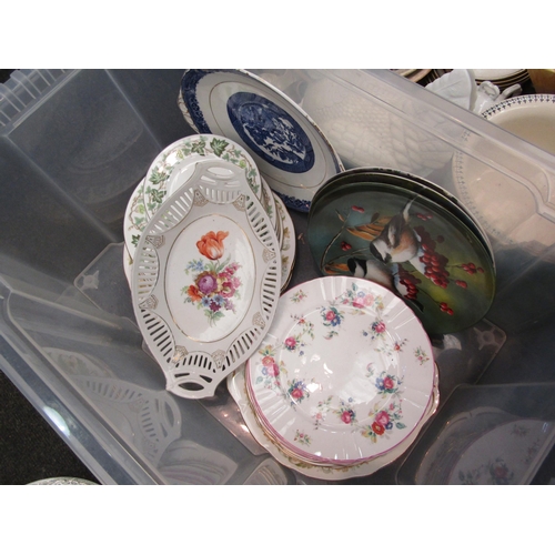 1185 - Two boxes of china including cake plates, Wedgwood Santa cake plate, chicken crock etc