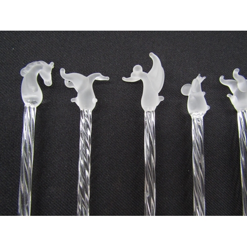 7241 - A collection of twelve Italian glass cocktail stirrers with bird and animal finials and multi colour... 