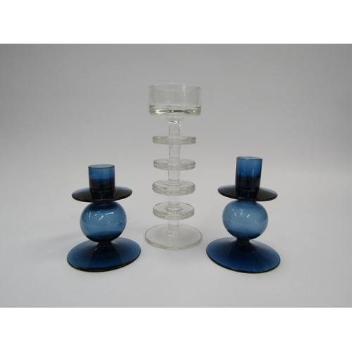 7244 - Three Wedgwood Glass candlesticks by Ronald Sennett-Wilson including a clear glass five tier Shering... 