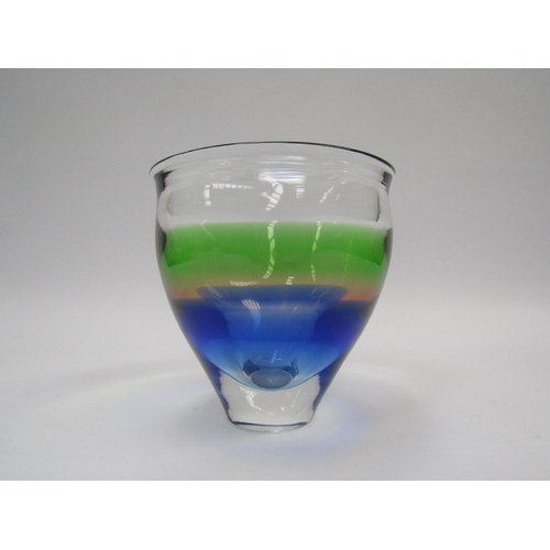 7248 - An Art glass case in clear with bands of green, pink and blue. Unmarked, 15cm high