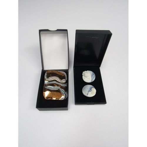 7252 - Shape Scape ceramic earrings by Elaine Dick MA, along with a large porcelain gold luster brooch     ... 