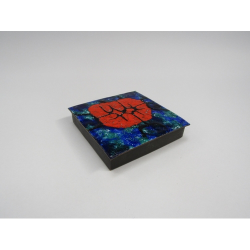 7262 - A mid 20th enamelled copper lidded box of square form. Blue green and orange enamel 10cm x 10cm x 2.... 