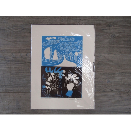 7507 - CLAIRE LAMBERT (XX) An untitled print of figures unsigned, together with a lino variation titled '03... 