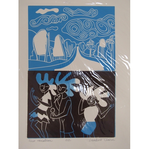 7507 - CLAIRE LAMBERT (XX) An untitled print of figures unsigned, together with a lino variation titled '03... 