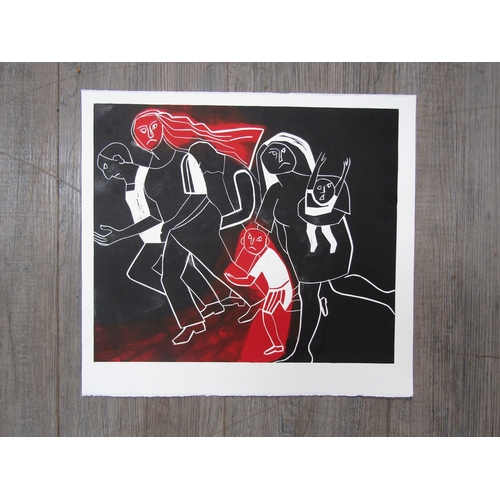 7507 - CLAIRE LAMBERT (XX) An untitled print of figures unsigned, together with a lino variation titled '03... 