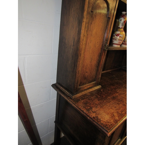 1001 - An early 20th Century oak dresser, the arched plate rack top over two drawer and twin cupboard base,... 