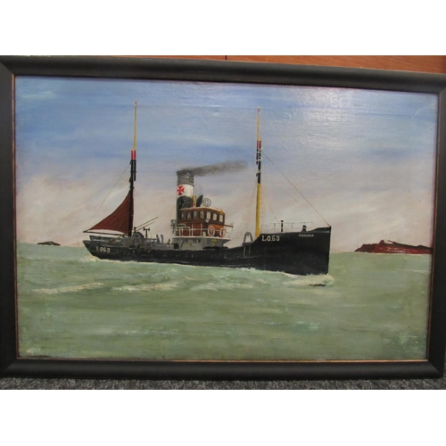 1035 - Two folk art oil on canvas pictures depicting steamer ships at sea, named 