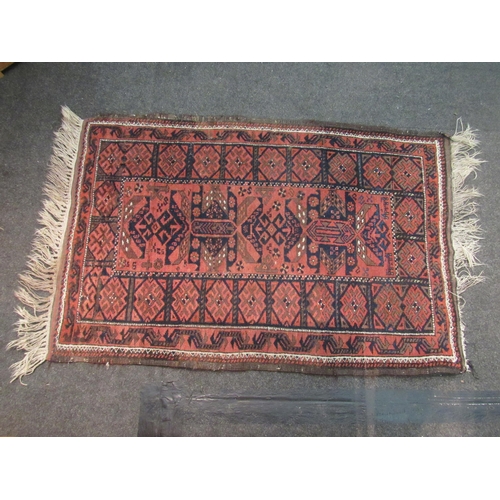 1081 - A geometric kilim rug in greens and yellows, 205cm x 76cm, together with a red ground Middle Eastern... 