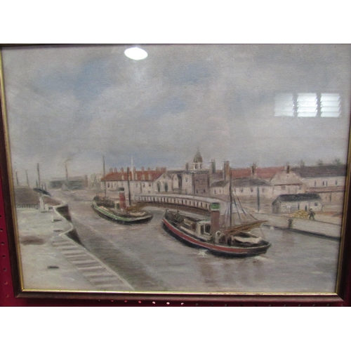 1115 - Two oils on board depicting folk naive fishing harbour scenes, one monogrammed KM 1922, 30cm x 40cm ... 