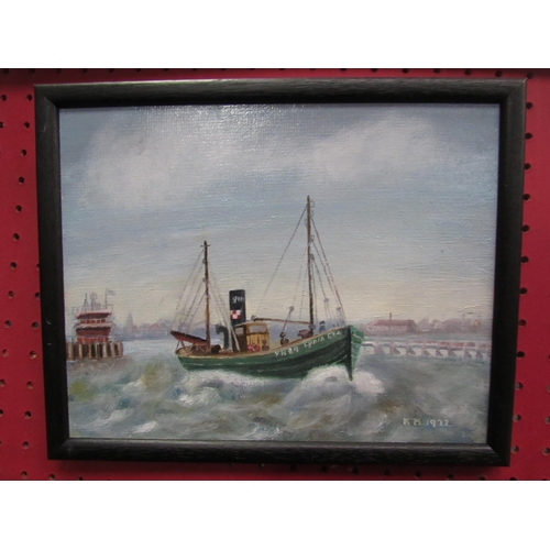 1115 - Two oils on board depicting folk naive fishing harbour scenes, one monogrammed KM 1922, 30cm x 40cm ... 