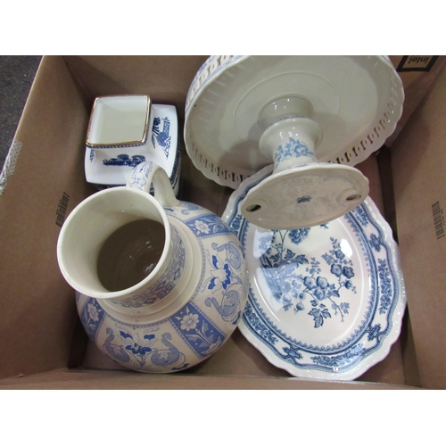 1162 - Two boxes of mixed chinaware including a Masons blue and white meatplate and a ceramic tazza/cake st... 