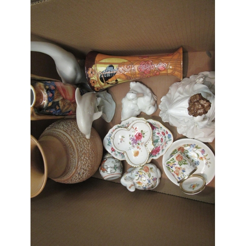 1166 - Two boxes of Mason's Mandalay, fruit basket, patterned wares, Old Tipton ware vases, Nao, Royal Worc... 