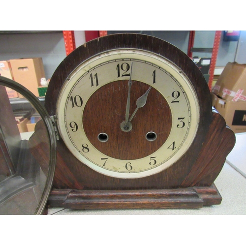 1180 - A late Victorian black slate and red marble mantel clock with Japy Freres movement and an oak mantel... 