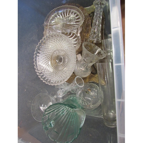 1182 - Two boxes of various glassware including decanters, drinking glasses, vases etc.