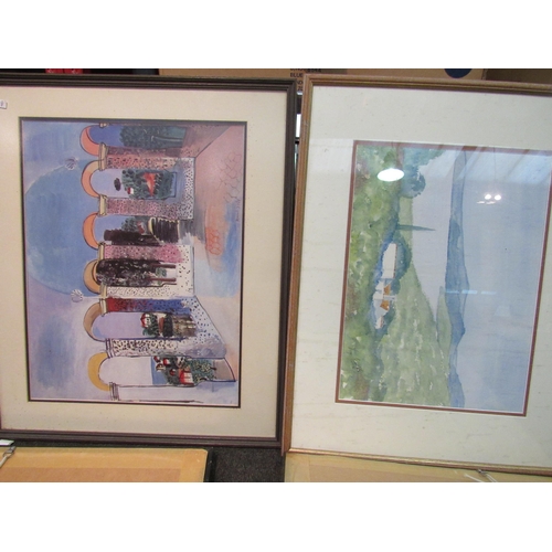 1192 - A selection of pictures including Eastern scenes, watercolour of lake view, JANET BOREHAM: A waterco... 