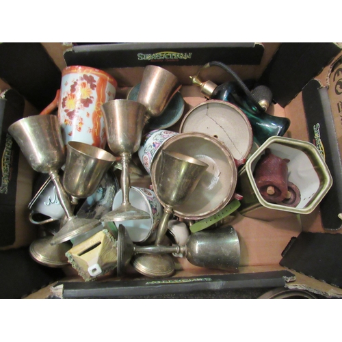 1198 - Four boxes of mixed wares, brass pepper grinder, retro bowls, metalware etc