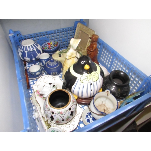 1243 - A tray containing porcelain figures, small pots etc.