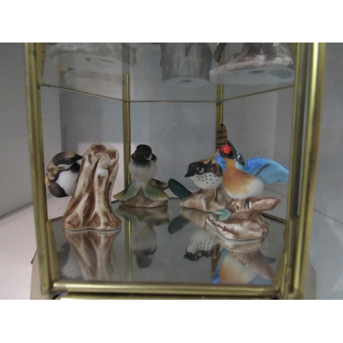 1357 - A hexagonal table top display cabinet with bird figure contents