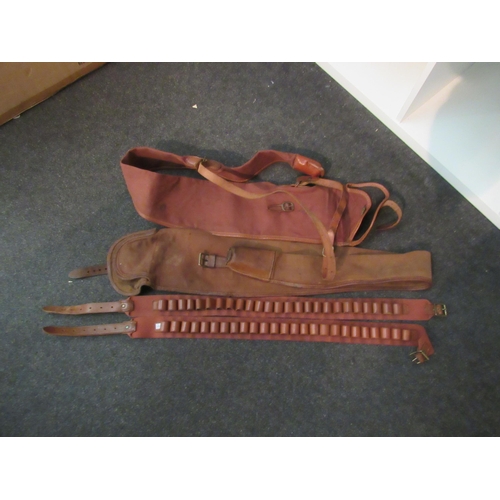 1361 - Two vintage canvas and leather gun sleeves and two cartridge belts (4)