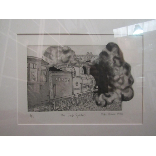 1367 - A framed and glazed limited edition pen and ink sketch of 'The Train Spotters' by Mike Brown, dated ... 