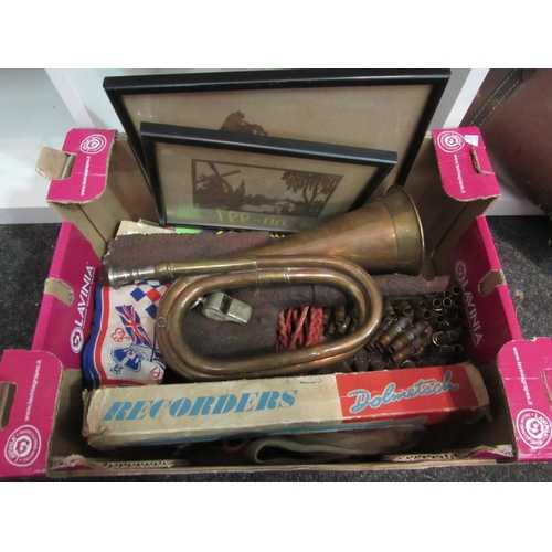 1390 - A box of miscellaneous bygones including brass and copper bugle and WWI entrenching tool relic