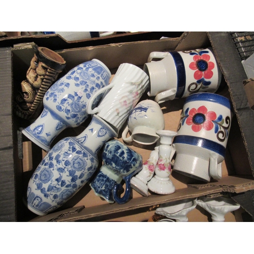 1402A - Three boxes of mainly blue and white ceramics; pair of modern oriental vases, mid-century vases, Roy... 