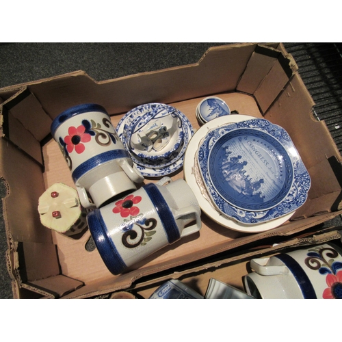 1402A - Three boxes of mainly blue and white ceramics; pair of modern oriental vases, mid-century vases, Roy... 