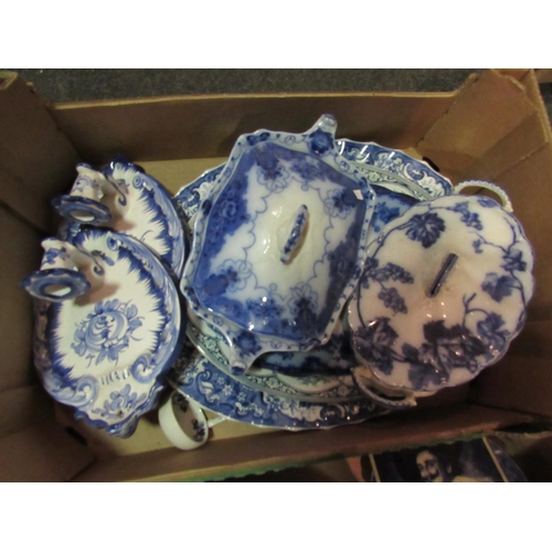 1413 - Two boxes of mainly blue and white ceramics; flow blue tureens, modern Delft, etc